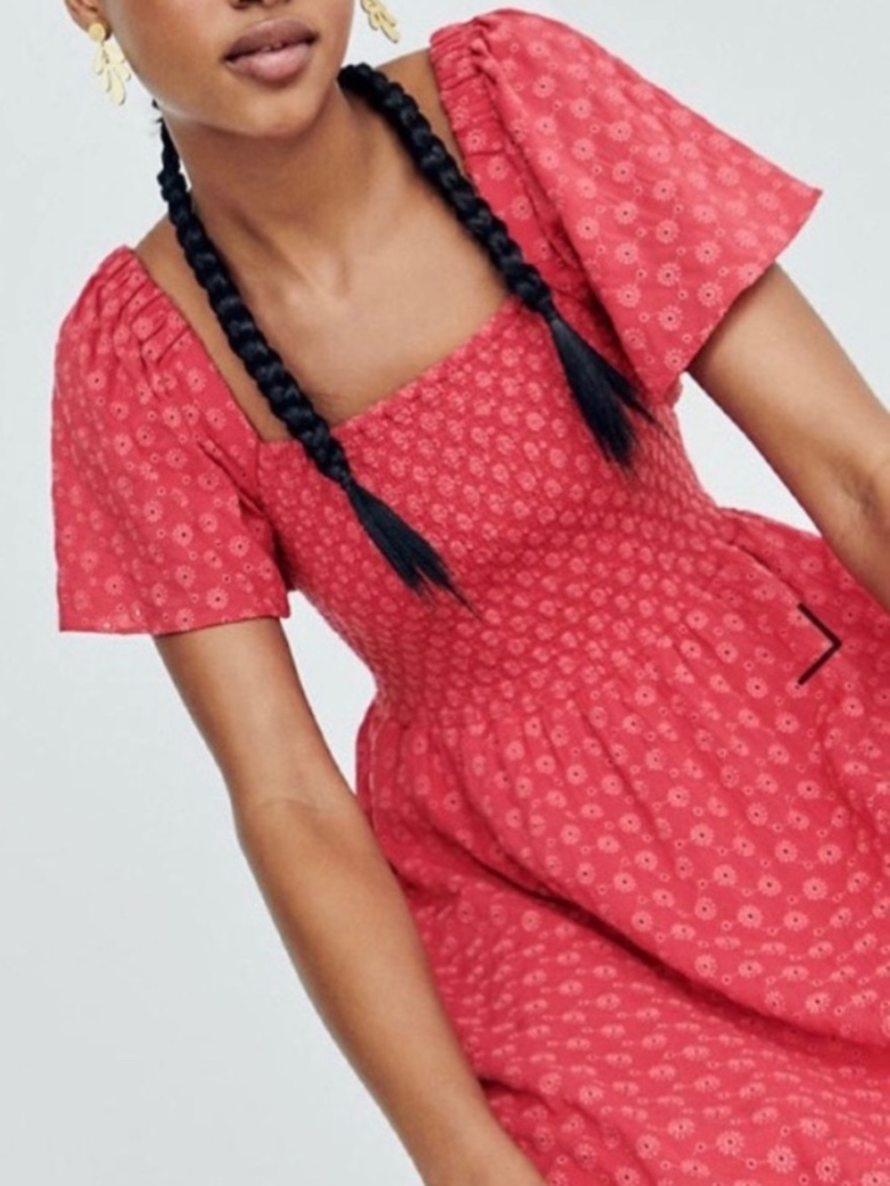 Madewell Coral-Red Smocked Midi Dress with Puff Sleeves